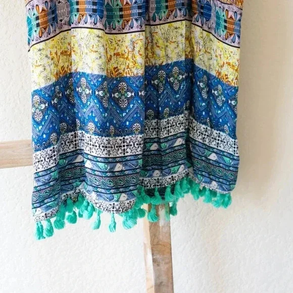 UMGEE SUNDRESS Sz Large MULTICOLOR POMPOM TASSEL SWING SWIM COVERUP BOHO - Picture 2 of 8